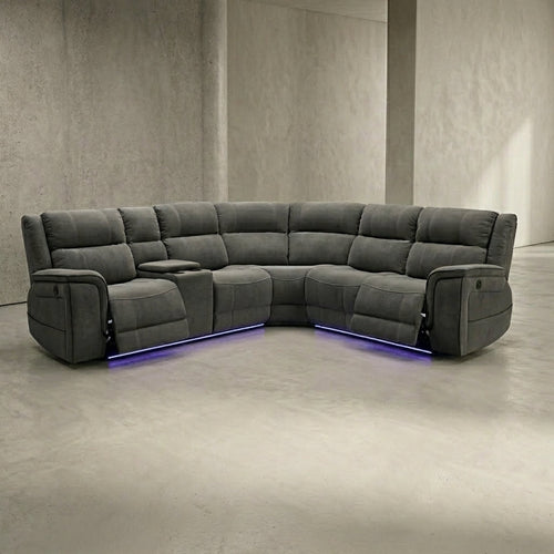 Hannah corner sofa in soft grey microfiber fabric styled in a cozy modern living room
