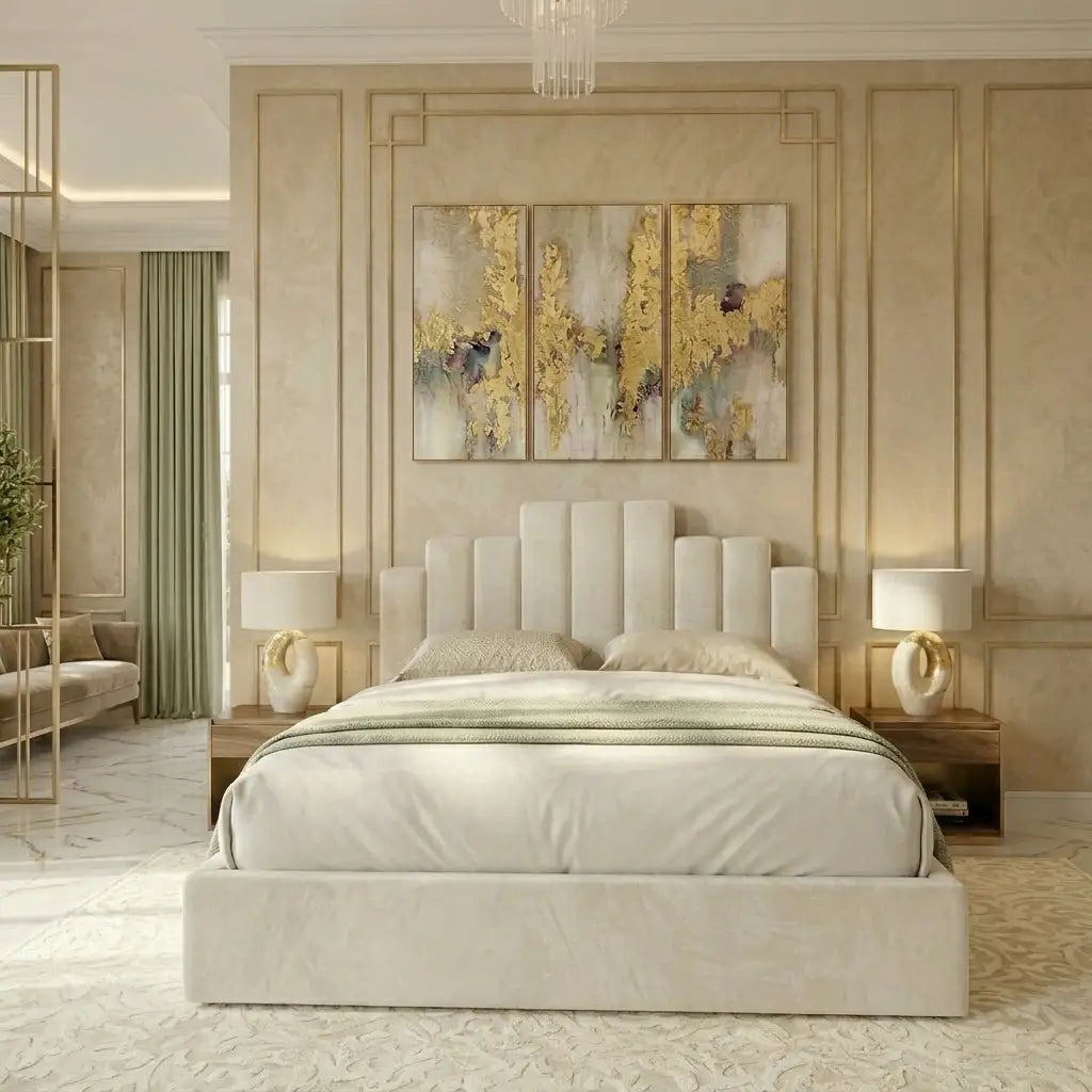 Padded panel bed - Harrington Panel Bed with 3D stepped headboard design