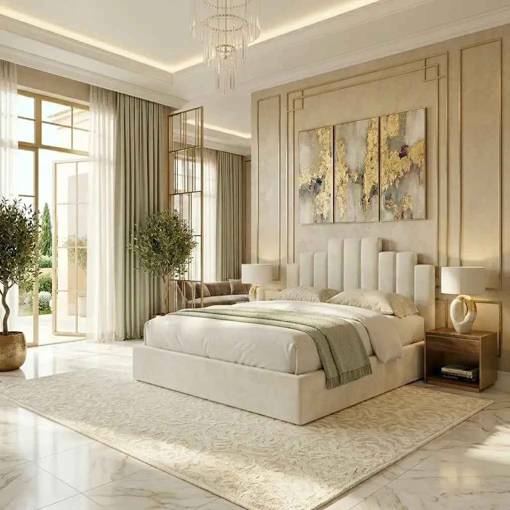 A luxury bedroom featuring a cream upholstered Harrington Panel Bed with a tall segmented headboard, styled with neutral beige and sage green bedding