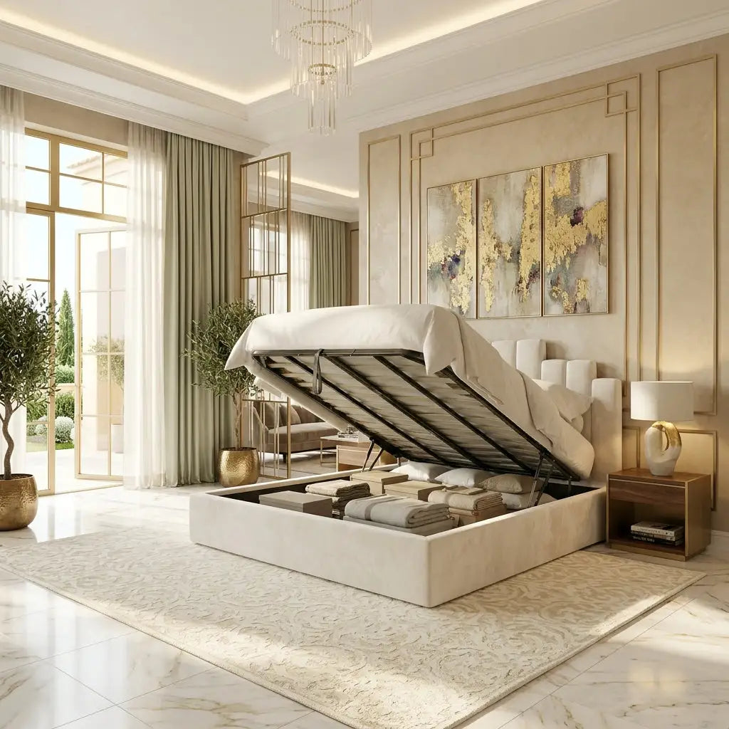 Detailed 3D stepped panel design on Harrington padded panel bed with gas lift ottoman storage 