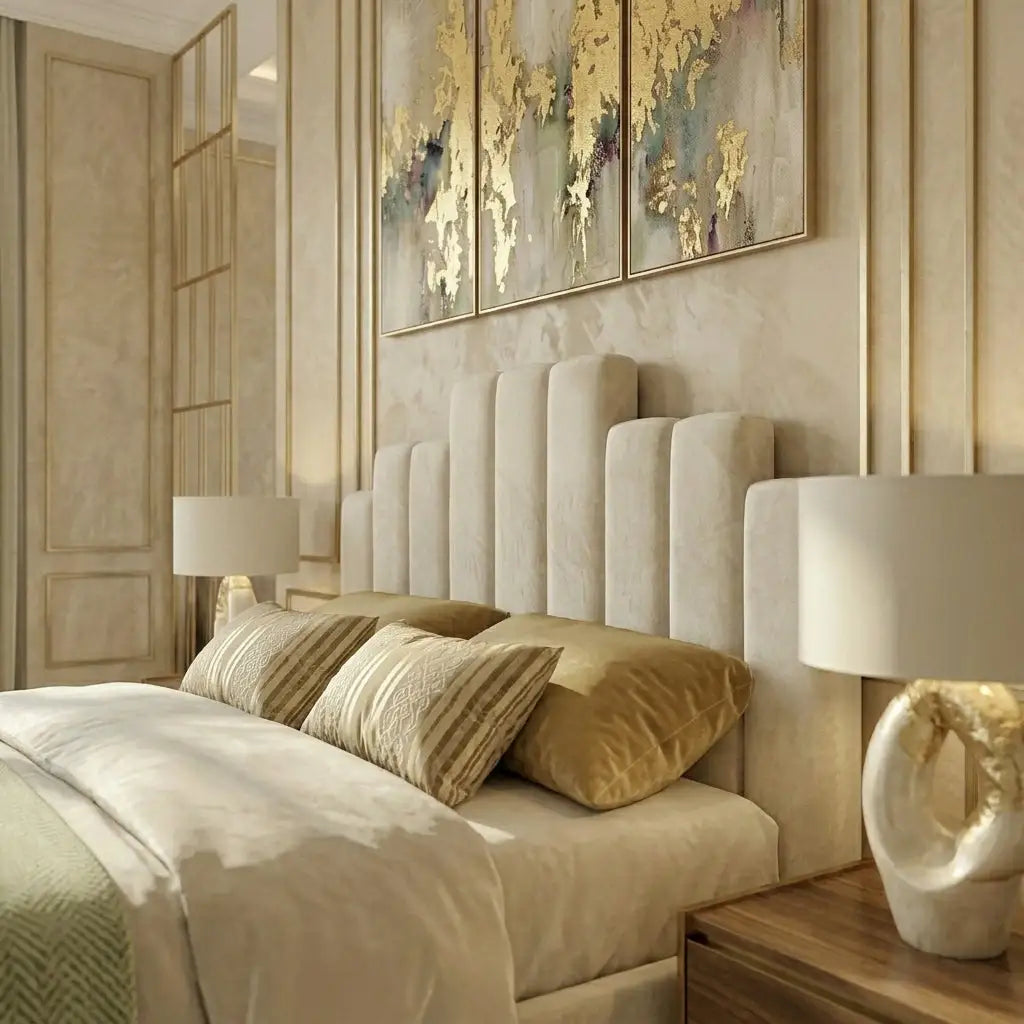 A luxury bedroom featuring a tall, channel-tufted upholstered headboard in cream beige on Harrington Panel Bed