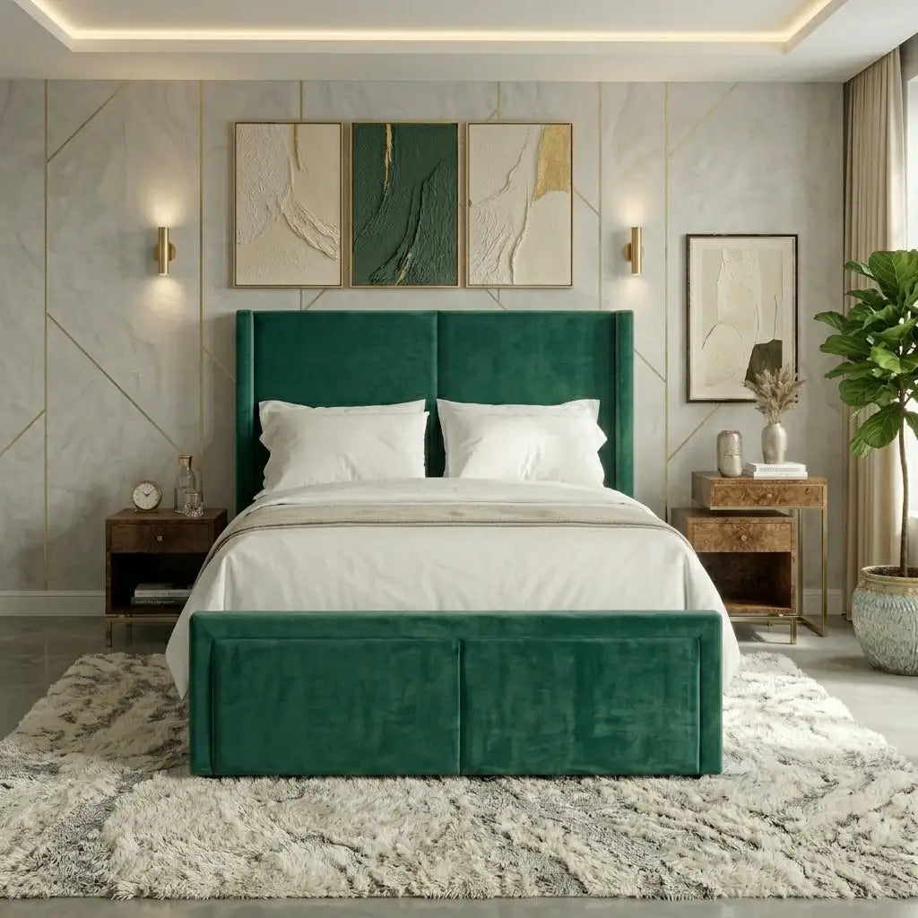 Bespoke storage bed - Linear Wing Bed with vertical line headboard