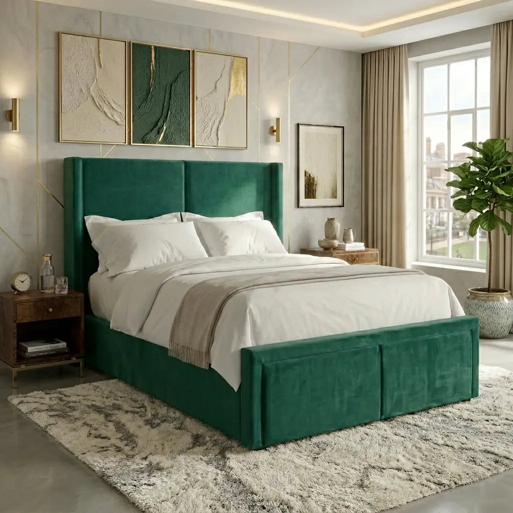 A modern bedroom featuring a green velvet upholstered Linear bed frame with a wingback headboard and footboard, dressed in white linens, set against a styled room with gold accents 
