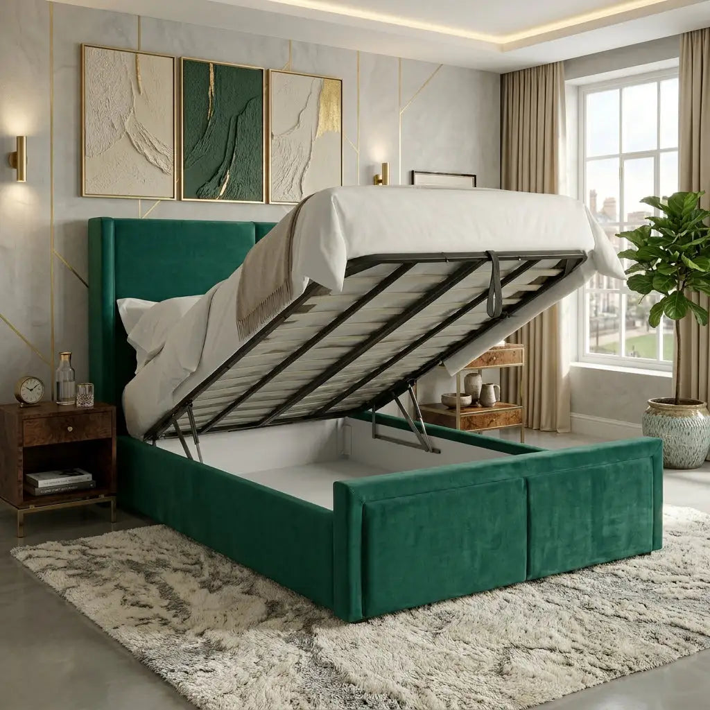 Linear Wing Bed bespoke storage bed featuring ottoman lift storage space