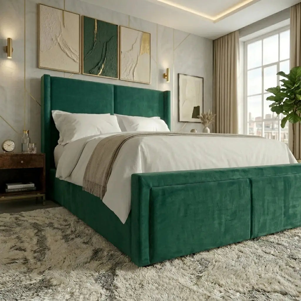 Detailed view of linear panel upholstery on footboard of Linear Wing Bed