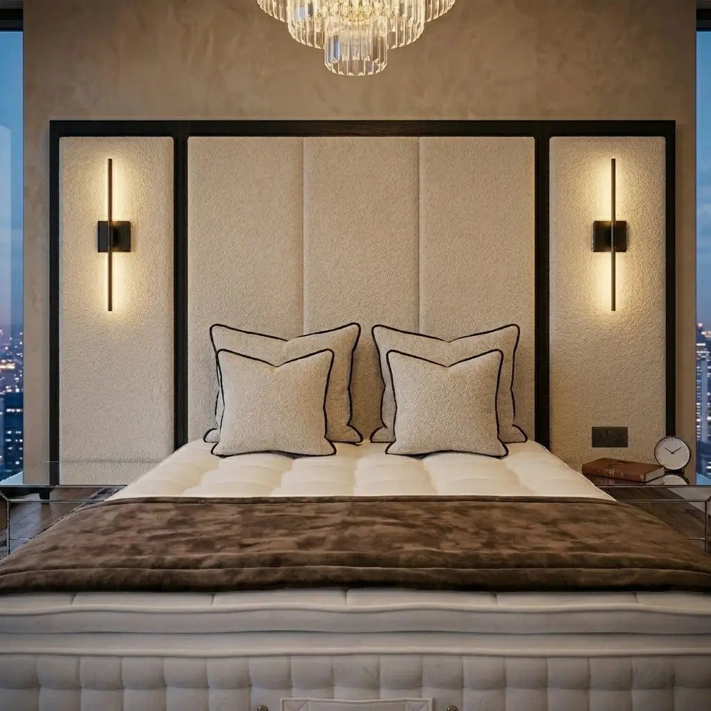 Luxe Panel Bed made to measure bed shown in upholstered bedroom setting