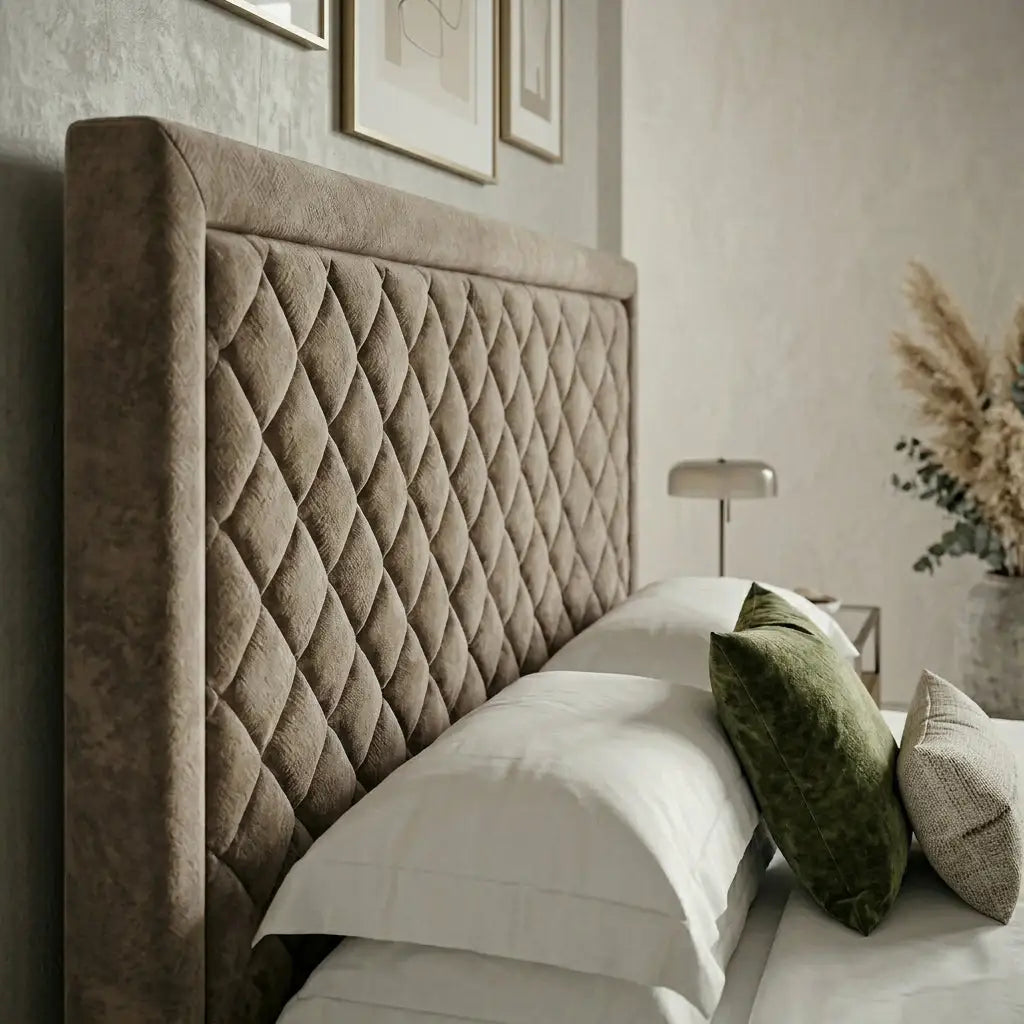 Close up of deep quilted upholstery stitching on Luxe Quilted Heaven Bed