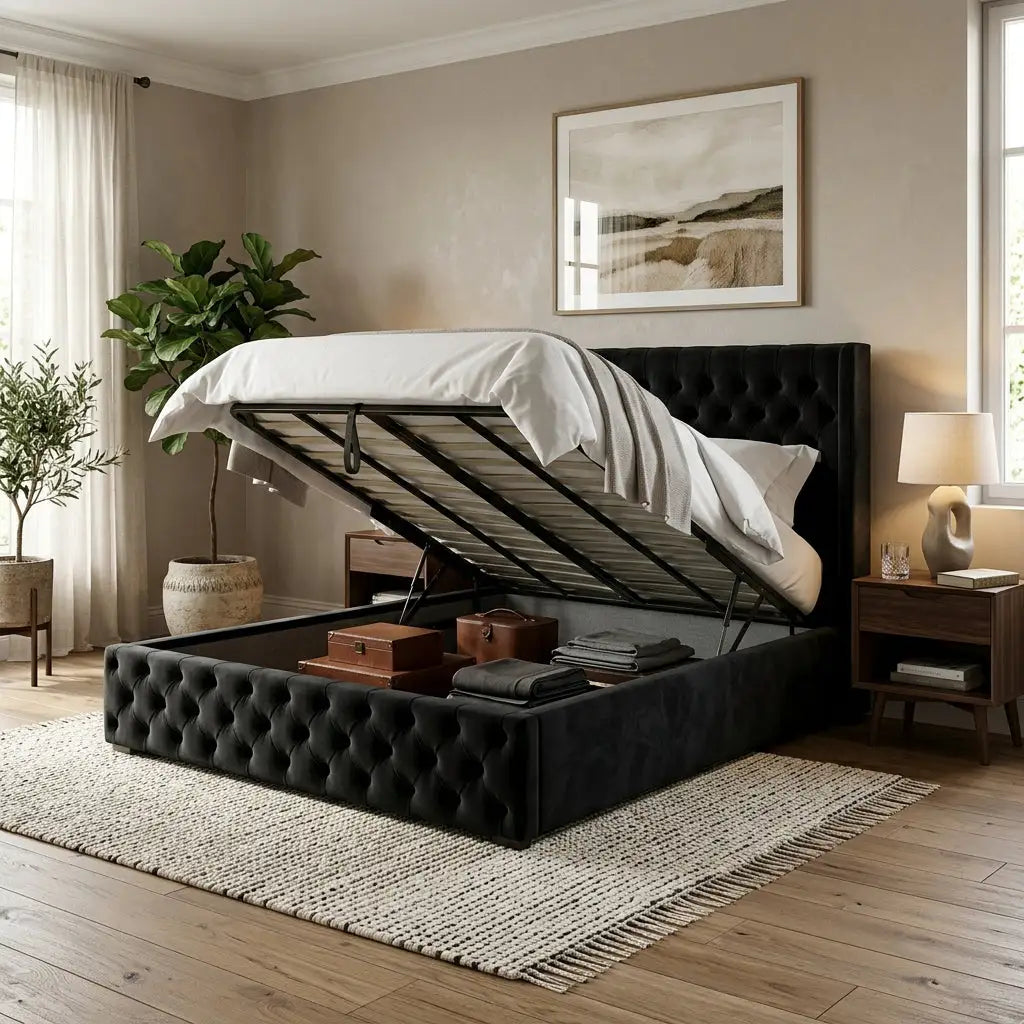 Marlborough Deep Button Bed button tufted bed frame with gas-lift ottoman storage