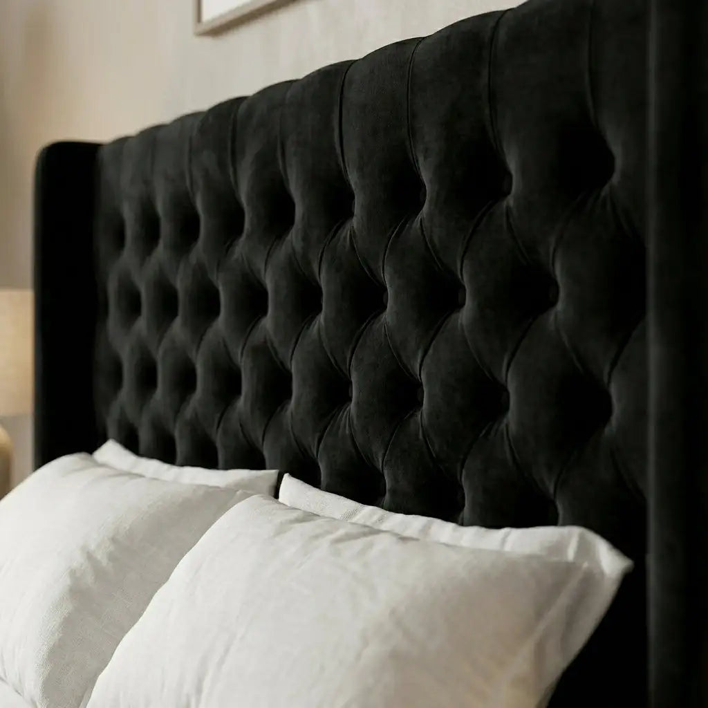 Close up of deep button tufted upholstered headboard of Marlborough Bed frame