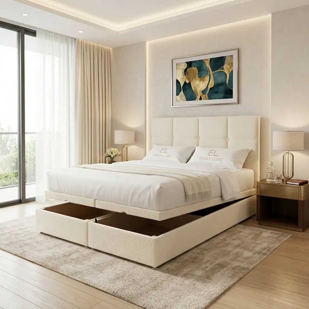 The Millan Divan custom ottoman divan bed opened showing storage base
