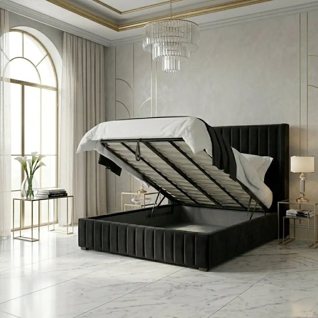 A luxury black velvet Wingback storage bed with its headboard and gas-lift ottoman storage compartment, set in a modern and stylish bedroom  