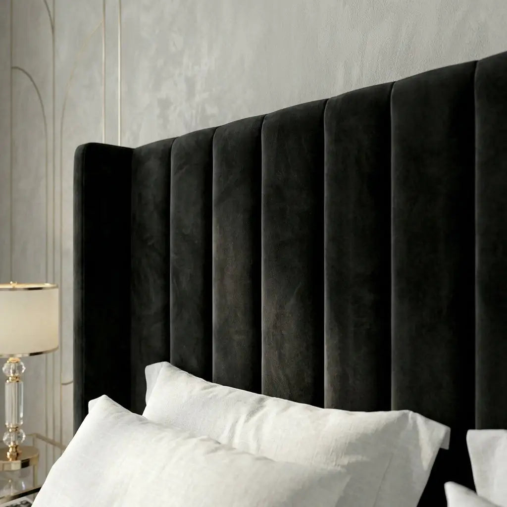 Close up of padded wing detail on Milton Wing Bed modern stylish bed