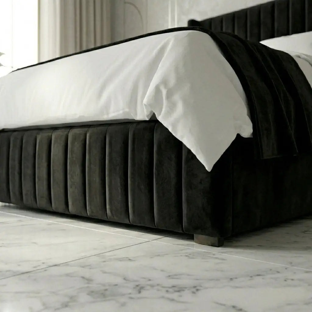 Close up of stylish footboard design detail on Milton Wing Bed 