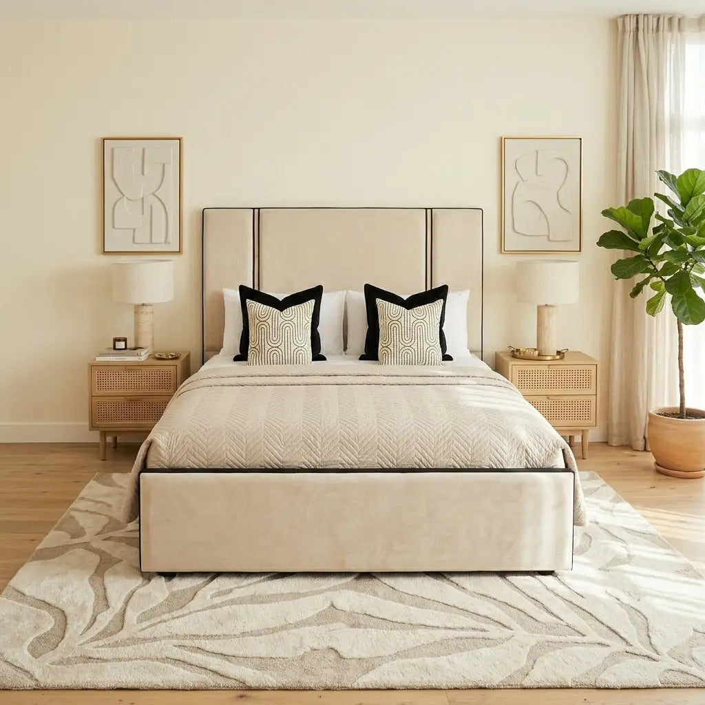 Monaco luxe panel bed frame with contrast trim border and tall custom headboard in modern bedroom setup