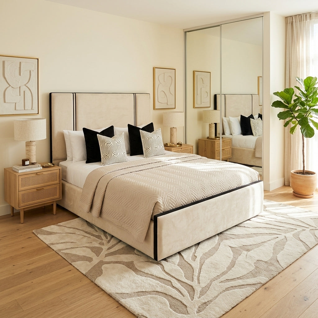 A modern upholstered Monaco Luxe Bed with a tall segmented headboard and matching footboard, styled in a bright bedroom.  