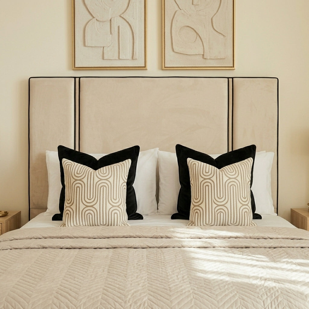 Close up of upholstered panel stitching and 4 inch thick solid timber bed frame structure