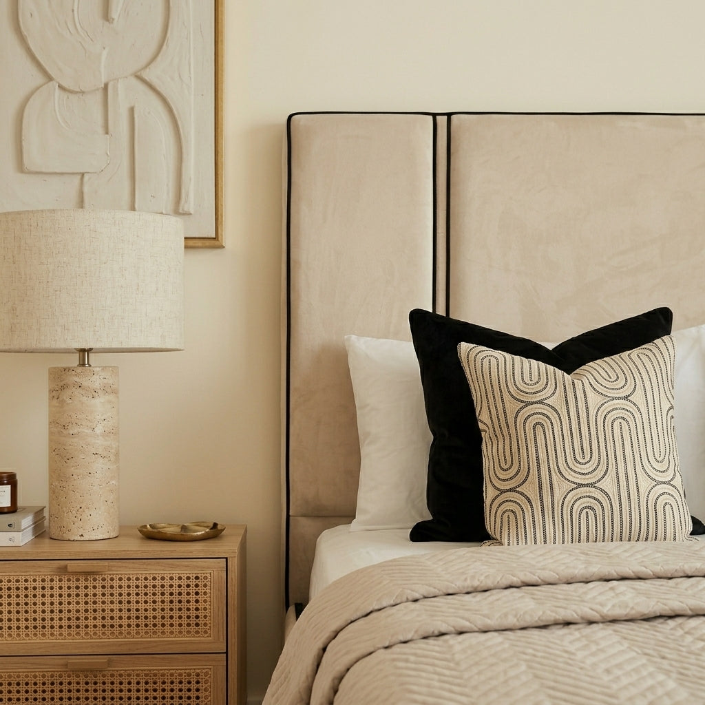 A styled bedroom scene featuring a beige upholstered headboard with black piping, white bedding on Elara Luxe Bed