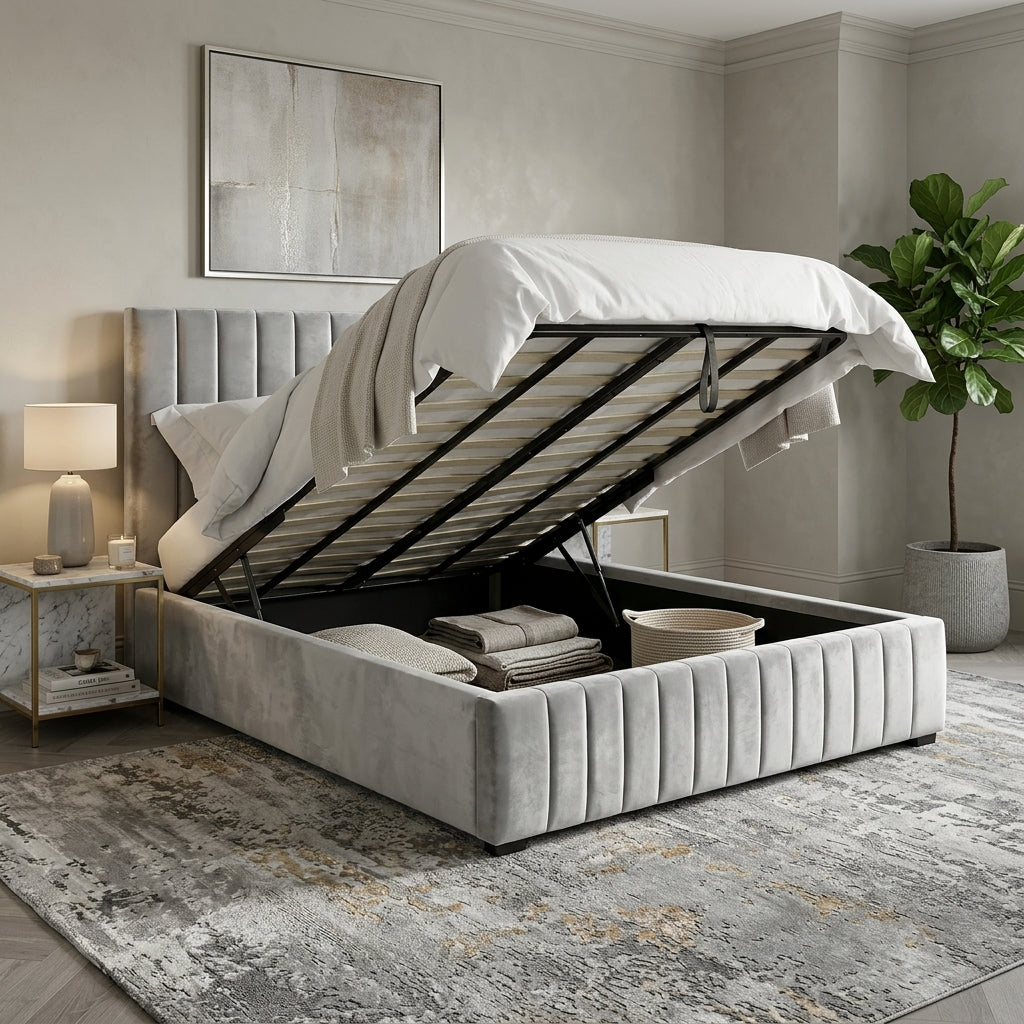 The Notting Hill Bed gas lift ottoman bed in upholstered bedroom setup