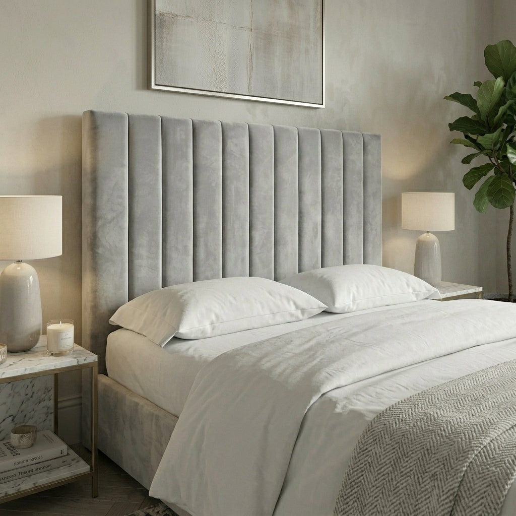 Close up of Notting Hill upholstered bed with straight lines on headboard