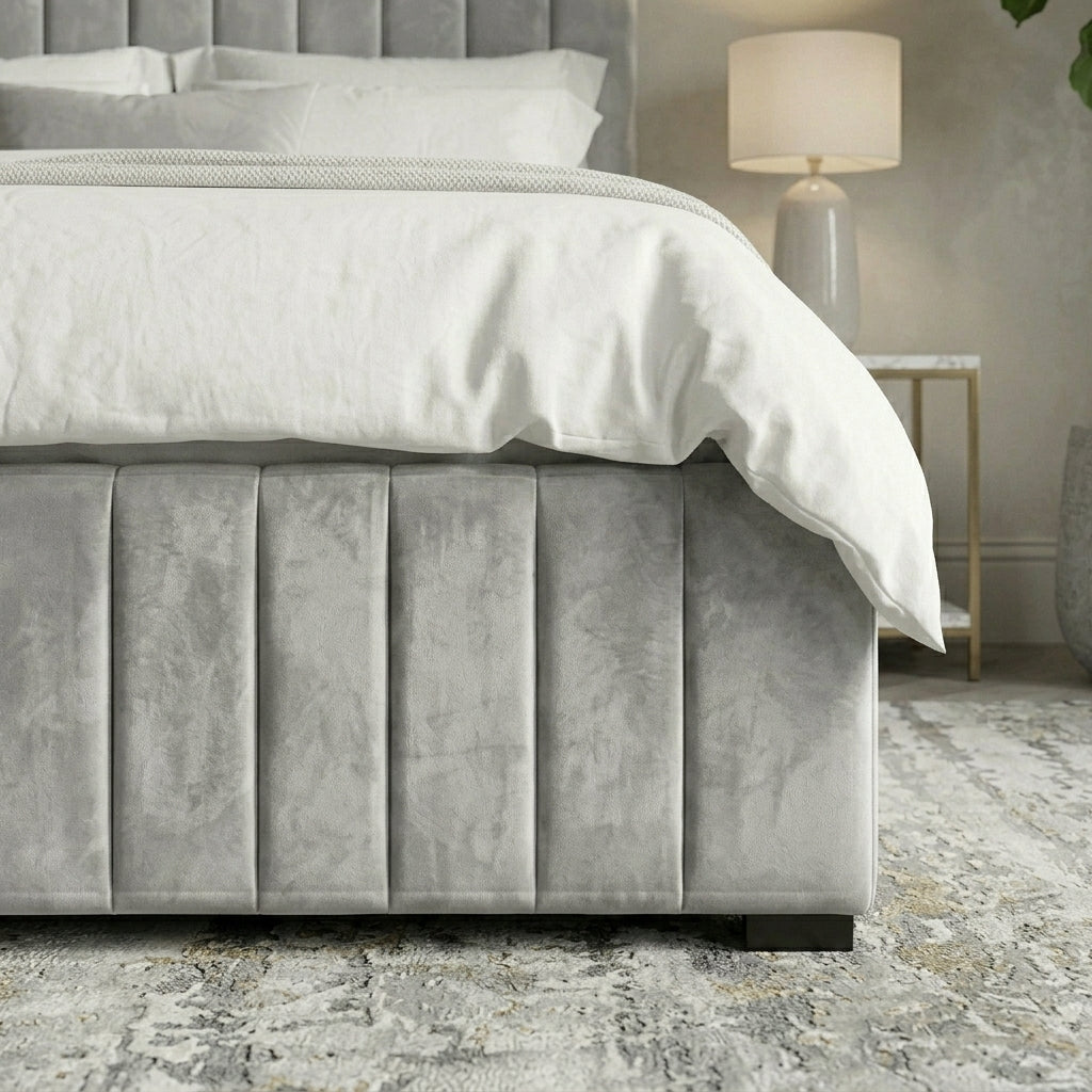Close up of Notting Hill upholstered bed with straight lines on footboard