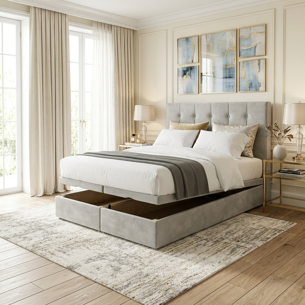 The Paris Divan Bed custom size bed frames in luxury upholstered style with gas-lift ottoman storage space