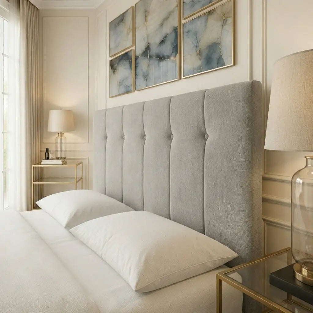 Close up view of padded divan headboard detail on The Paris Bed

