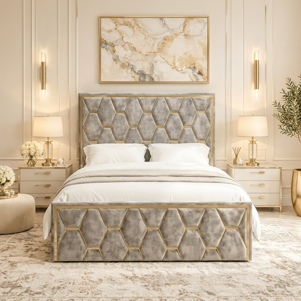 Preston Hexa Bed frame in silver fabric with 3D hexagonal honeycomb headboard
