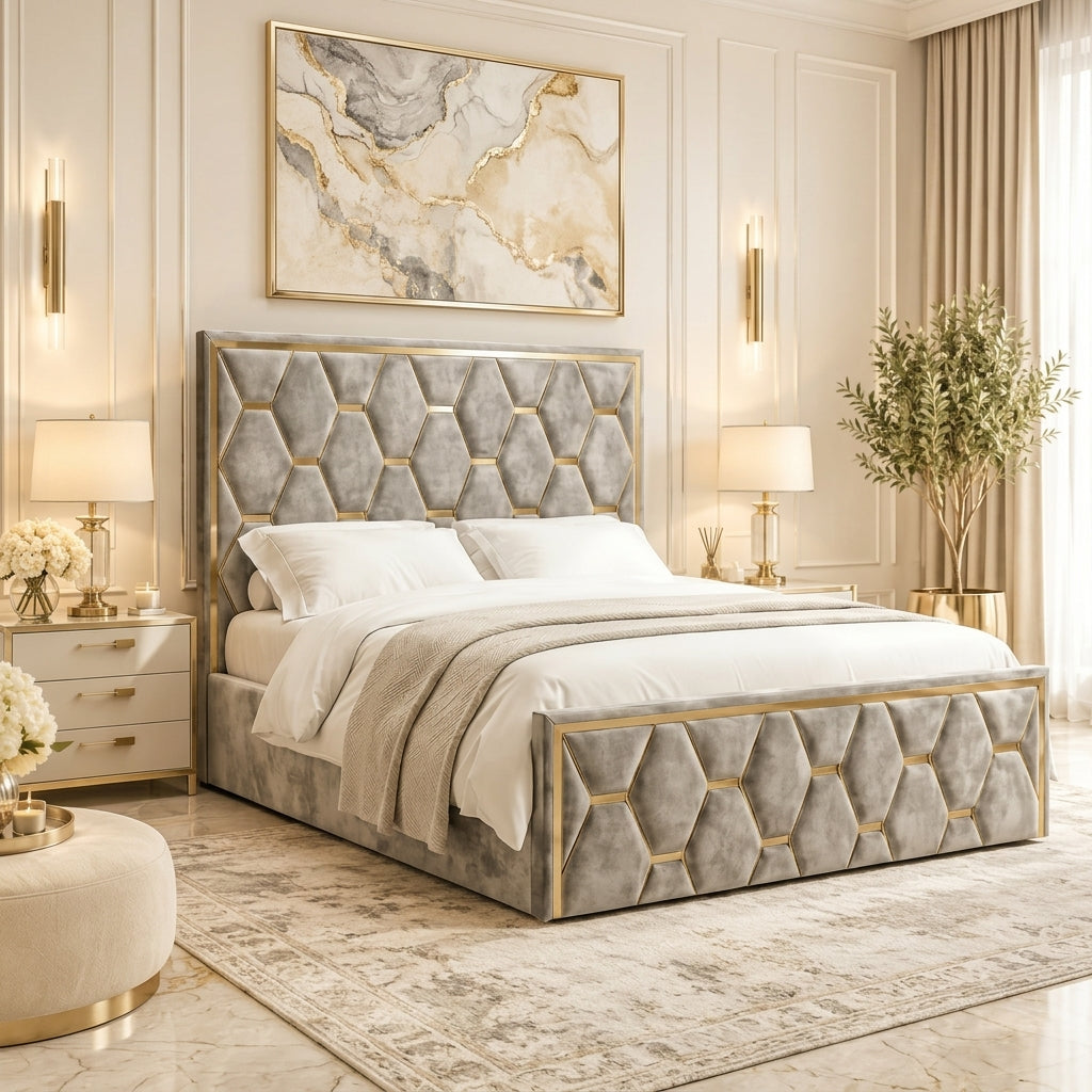 Contemporary UK bedroom featuring Preston Hexa upholstered geometric bed frame
