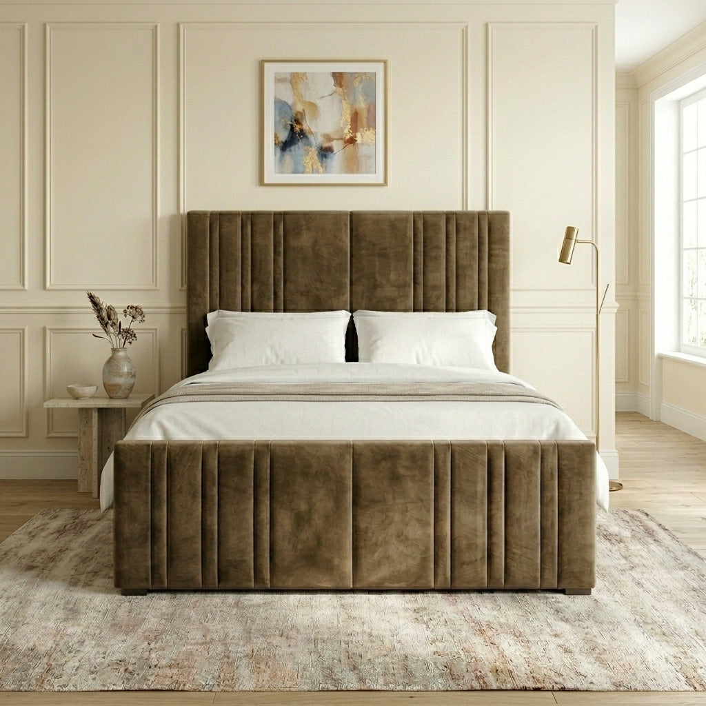 Richmond Rise extra tall wingback bed frame king size in Mink Naple fabric
