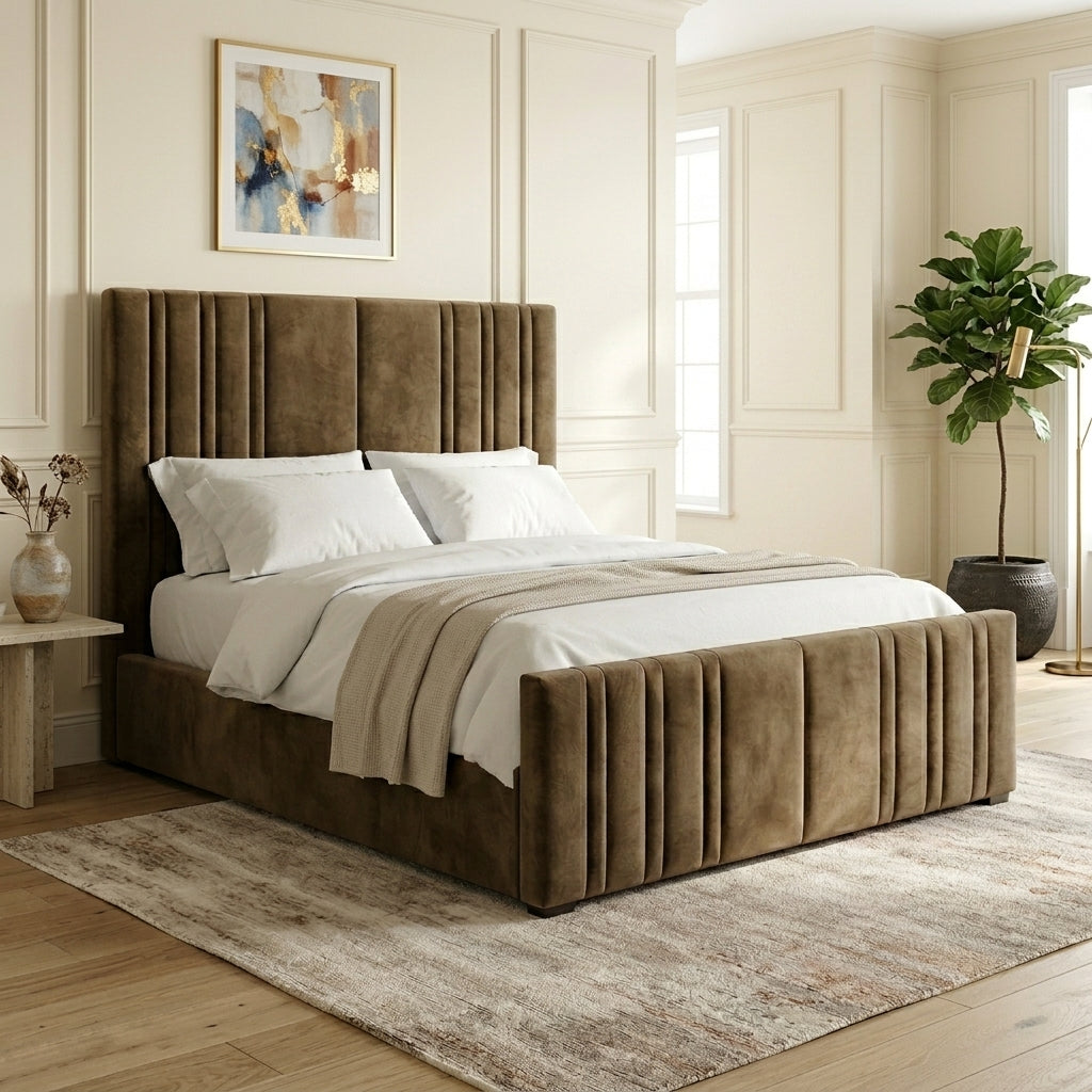 Luxury UK master bedroom with Richmond Rise tall headboard TV bed frame
