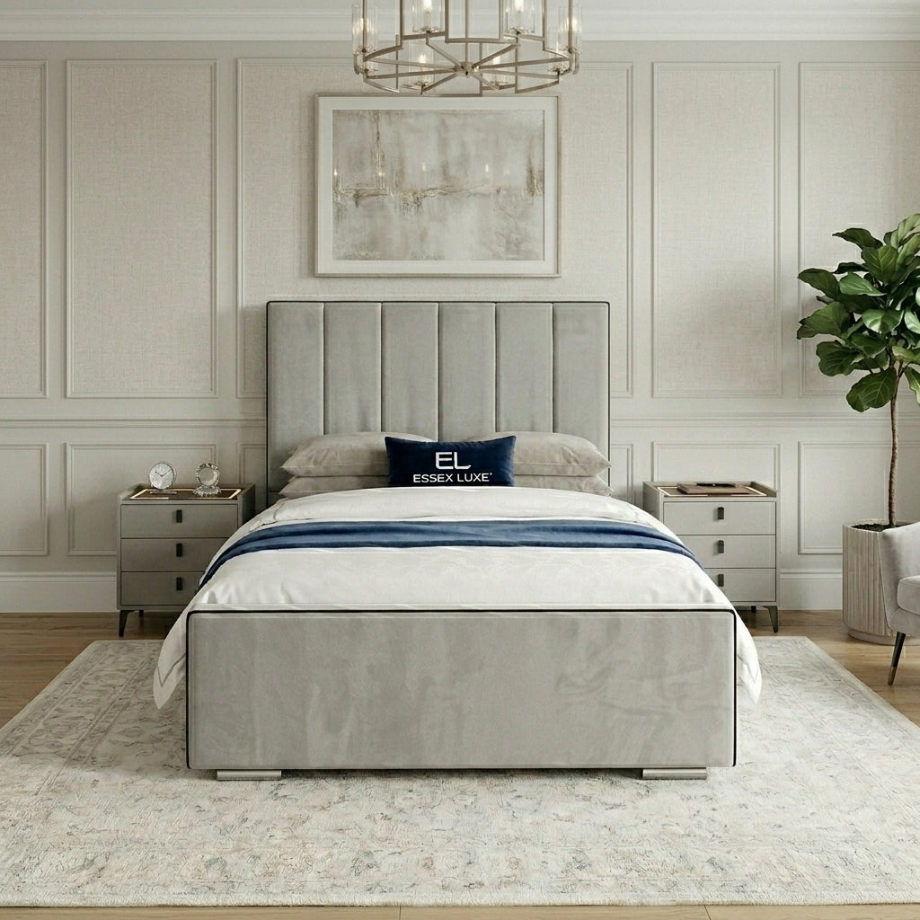 Rio Bed frame king size in ice plush velvet with vertical channel headboard
