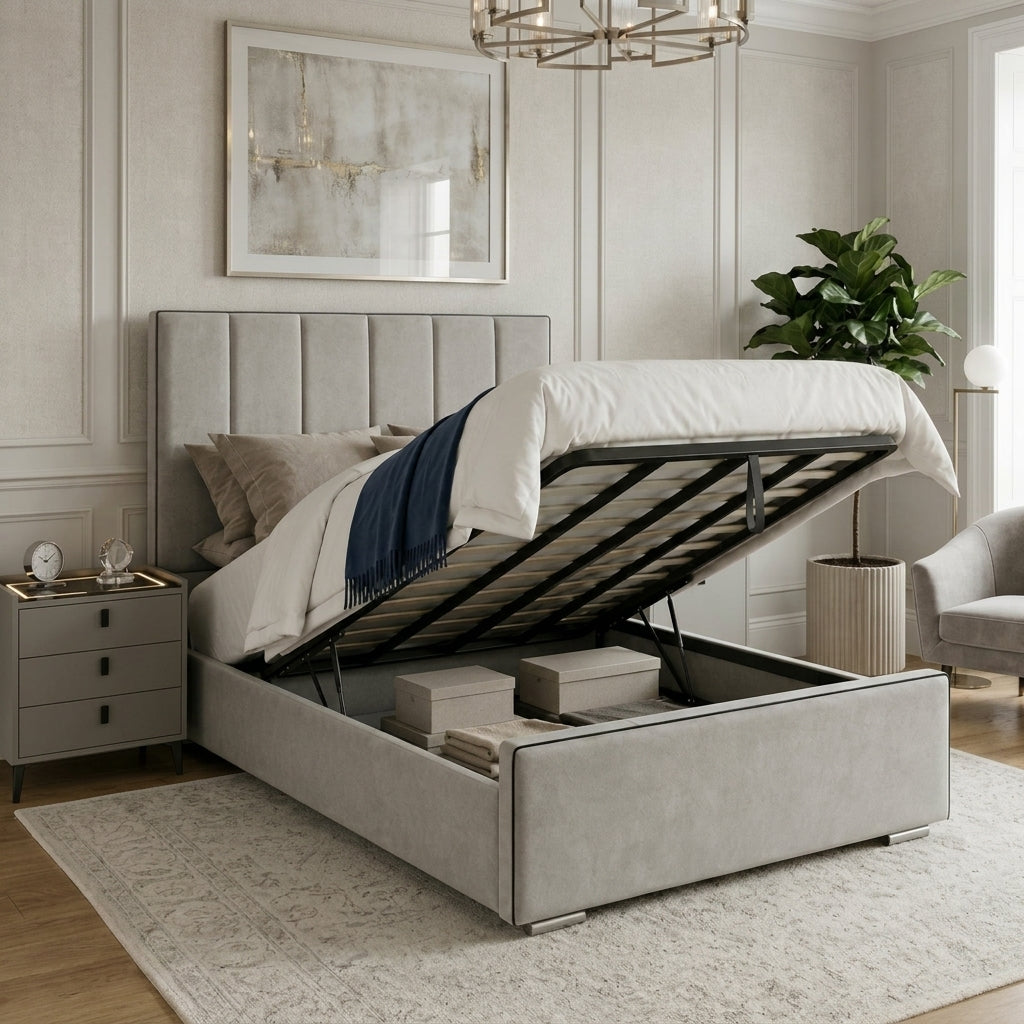 Minimalist bedroom setup with Rio vertical channel gas lift ottoman bed frame
