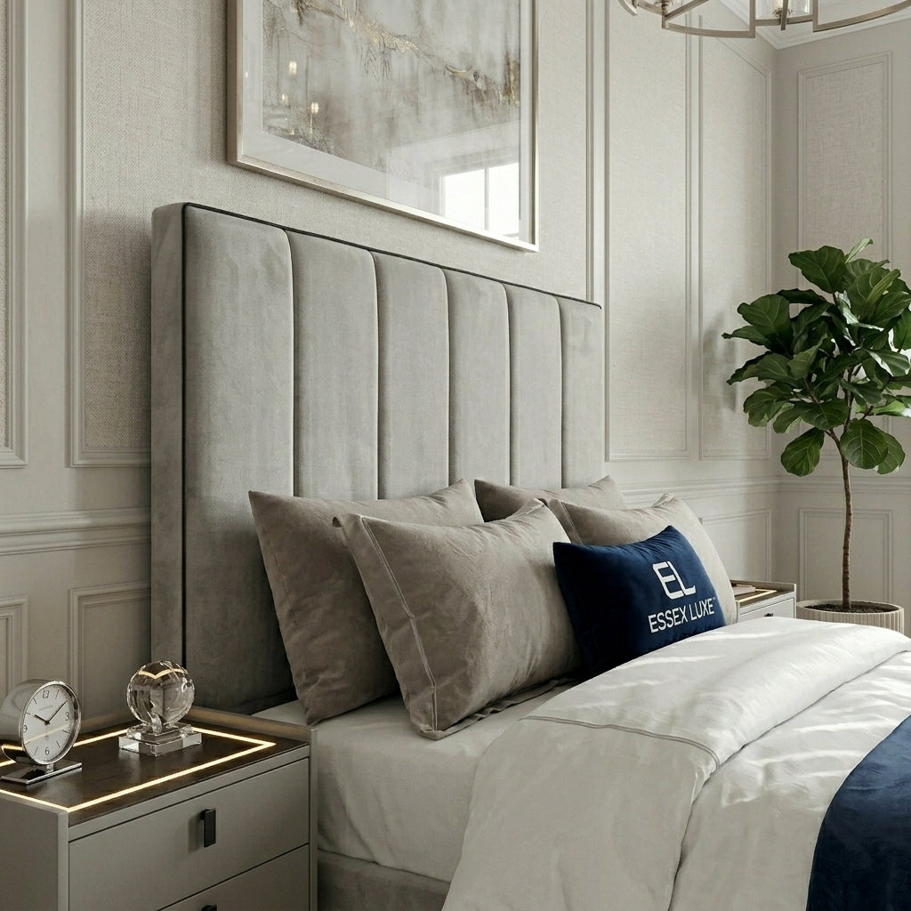 Close up of vertical channel panel headboard detail in silver plush velvet
