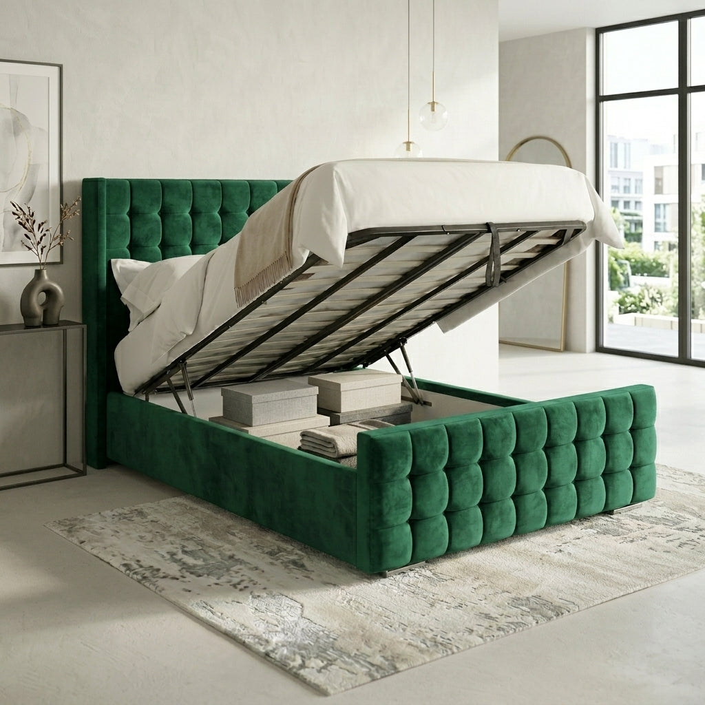 Modern UK bedroom featuring Windsor Cubed gas lift ottoman storage bed frame