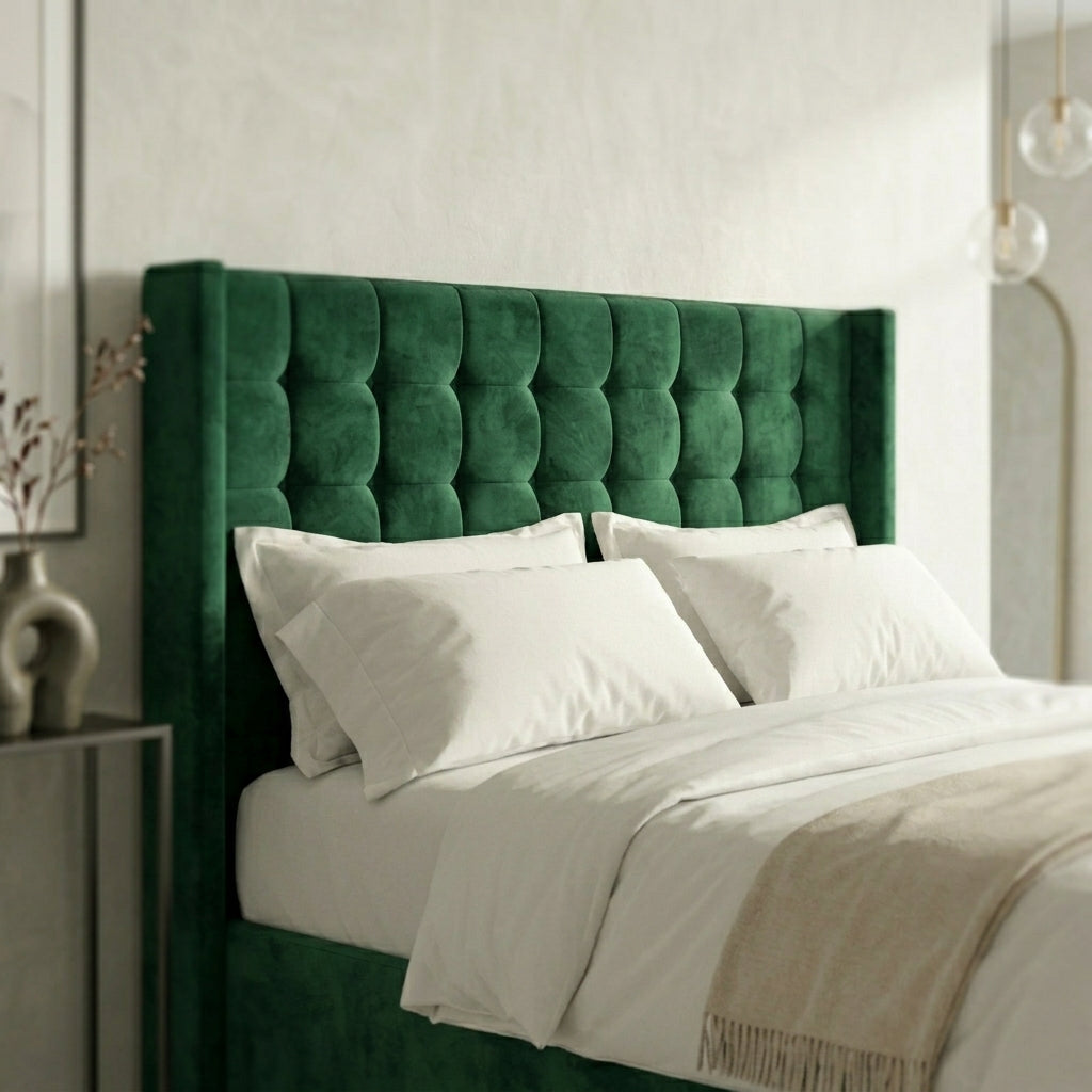 Close up of 3D cubed geometric upholstered headboard on grey velvet double bed frame