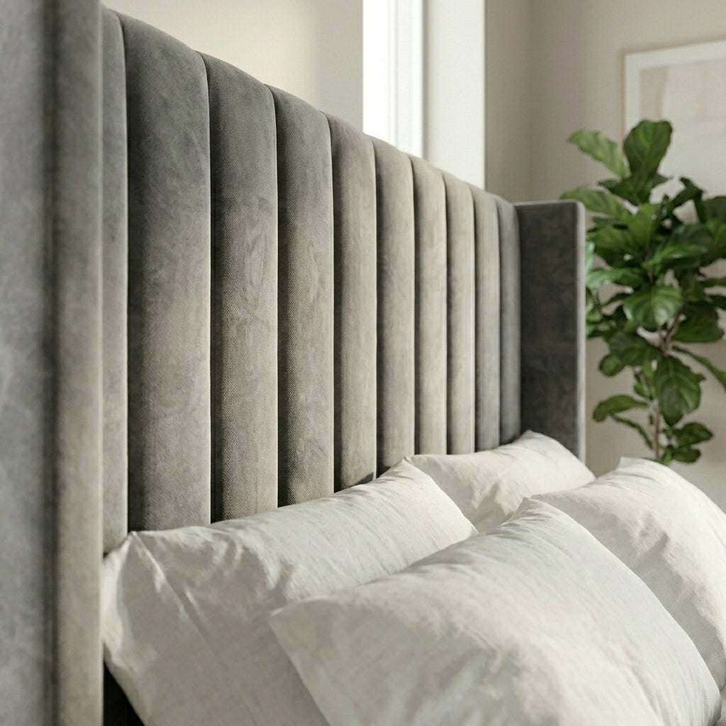 Close up of upholstered side wing detail on Windsor Wing Bed