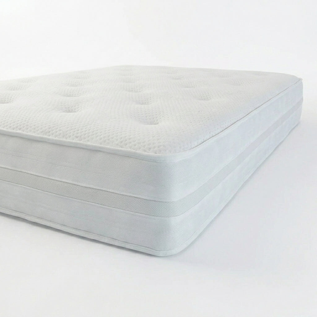 Side profile angle of Luxe Cocoon Silk 1500 double bed mattress size UK displaying foam-encapsulated edge border 
