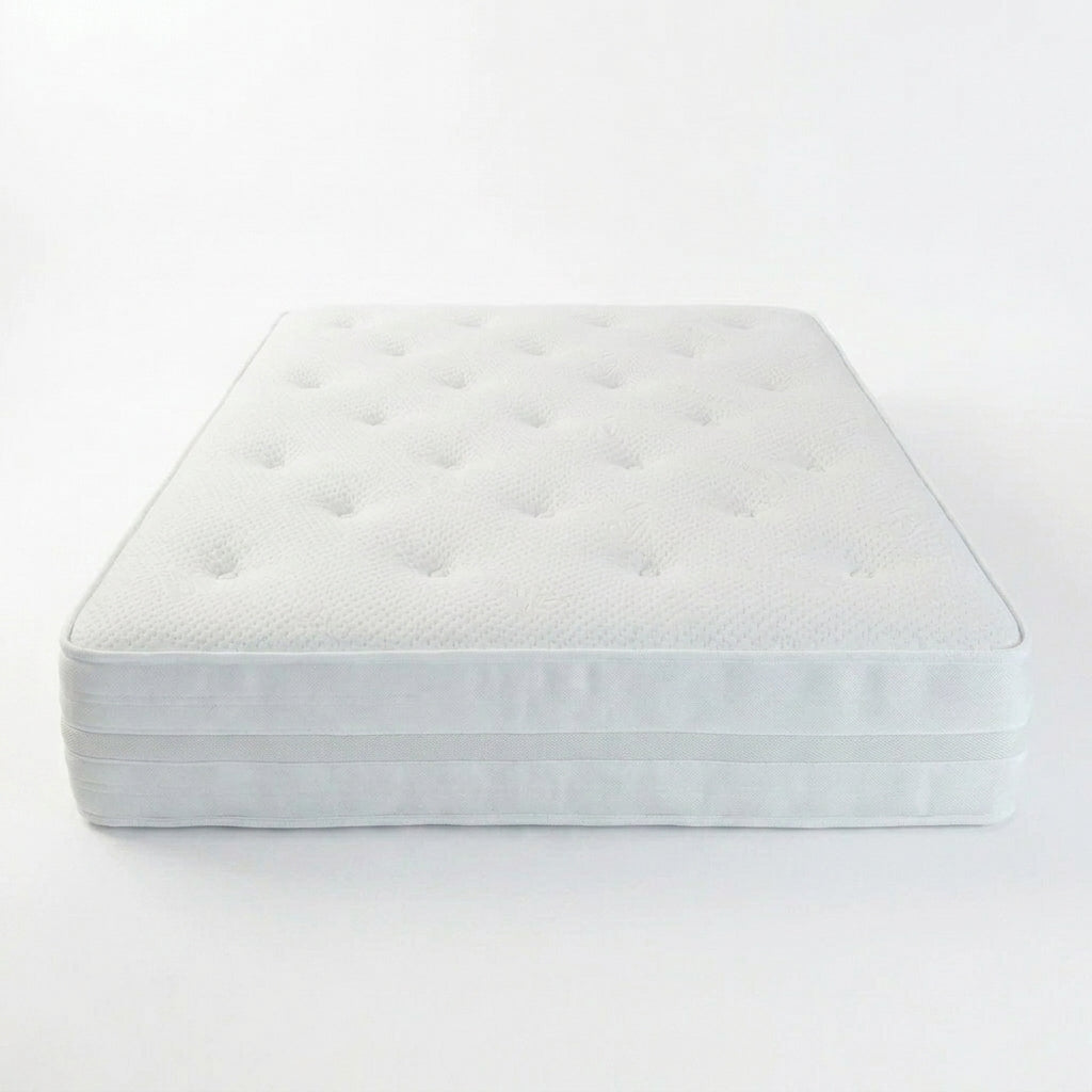 Luxe Cocoon Silk 1500 double bed mattress size UK showing front elevation with tufted cover and side border 
