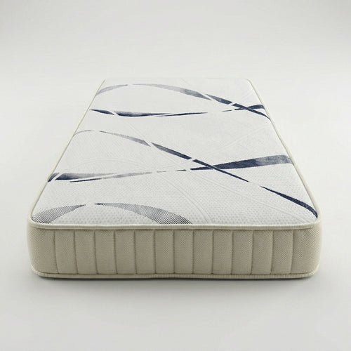 Evolution cheap mattress UK featuring a white quilted top with navy modern leaf pattern 
